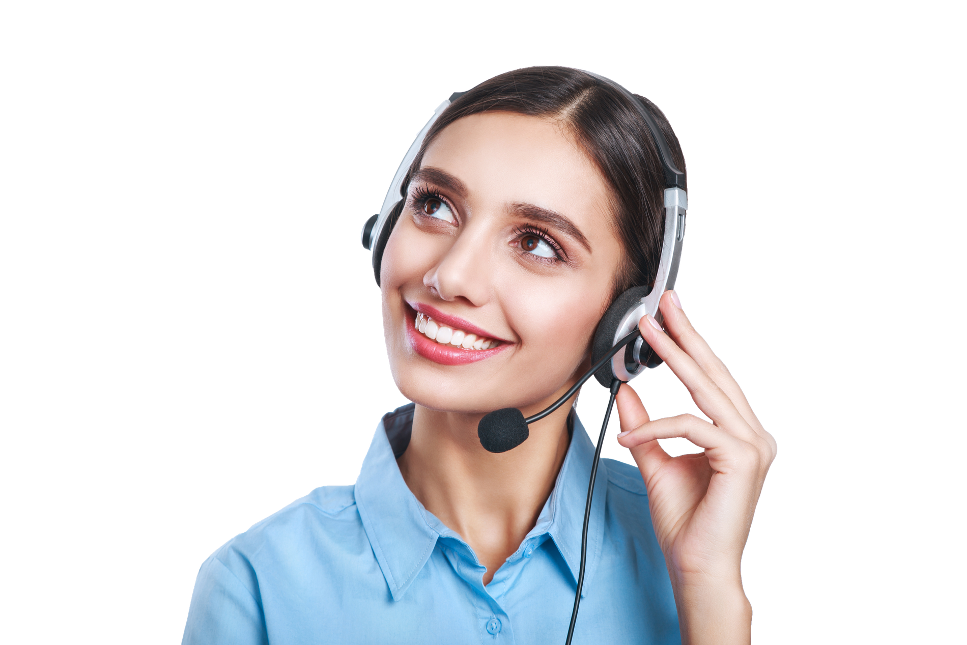 Operatrice del call center Better Call con cuffie, sorridente